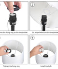 Assembly guide for Set of 2 Modern Bedside Lamps in Black and White, showing steps to fix lampshade and install bulb.