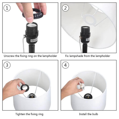 Assembly guide for Set of 2 Modern Bedside Lamps in Black and White, showing steps to fix lampshade and install bulb.