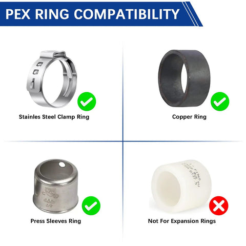 Diagram showing PEX ring compatibility with stainless steel clamp, copper, press sleeve, and expansion rings.