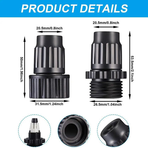 Quick Fix Garden Hose Repair Kit With Plastic Male And Female Connectors To Seal Leaks, Join Pipes, And Boost Water Pressure In Your Irrigation System Today. black plastic hose connector, 20.5mm top, 31.5mm base