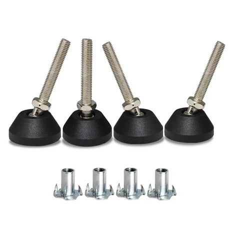 Top Shelf Swivel Leveling Feet For Furniture With M8 Thread Screws No Fuss Setup, heavy duty black nylon feet and metal bolts, pack of four.