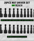 20 Piece Nut Driver Set For Impact Drill With One Quarter Inch Hex Drive SAE And Metric Industrial Grade Chromium Vanadium Steel Non Magnetic Black Phosphate Coating For Corrosion Resistance displayed in two rows