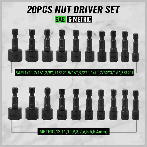20 Piece Nut Driver Set For Impact Drill With One Quarter Inch Hex Drive SAE And Metric Industrial Grade Chromium Vanadium Steel Non Magnetic Black Phosphate Coating For Corrosion Resistance displayed in two rows