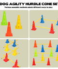 Backyard Dog Agility Hurdle Set With Ten 12.5 Inch Cones And Five 31.5 Inch Rods shown in various setups for training