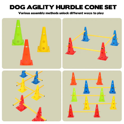 Backyard Dog Agility Hurdle Set With Ten 12.5 Inch Cones And Five 31.5 Inch Rods shown in various setups for training