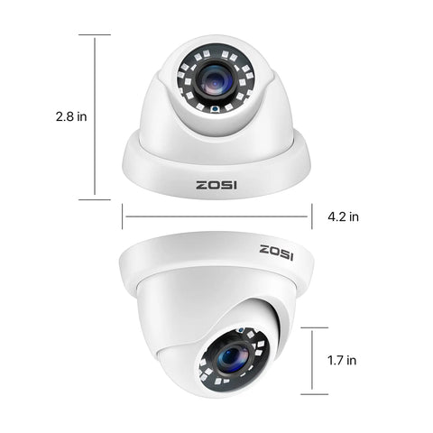 Four Pack 2MP 1080p HD TVI Dome Security Cameras Kit For Indoor And Outdoor Use showing dimensions and features