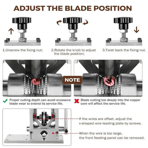 Adjusting the blade position on Manual Electric Wire Stripper Machine Adjustable Blade For Copper Cable Peeling Automatic Stripping Tool.