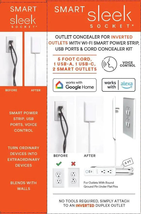 Universal Outlet Concealer With Wi-Fi Smart Power Strip for inverted outlets, showing before and after installation, Google and Alexa compatible.
