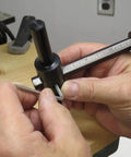 Heavy Duty Circle Cutter For Drill Press in use, adjusting from 1 3/4 to 7 7/8 inches, tempered steel body with graduations, half inch shank.