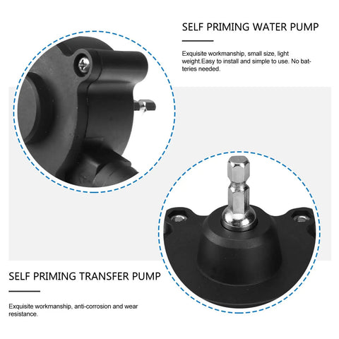 Close-up of drill powered transfer pump showing self priming feature, sturdy black material for fluid transfer tasks.