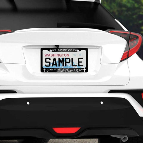 Car with custom license plate frame showing Jeremiah 29 11 God Has The Most Amazing Plan For You dope stainless steel license holder.