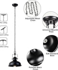 Industrial Dome Pendant Light With Adjustable Metal Chain In Vintage Rustic Farmhouse Vibe, Polished Black Finish
