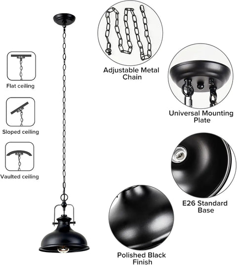 Industrial Dome Pendant Light With Adjustable Metal Chain In Vintage Rustic Farmhouse Vibe, Polished Black Finish