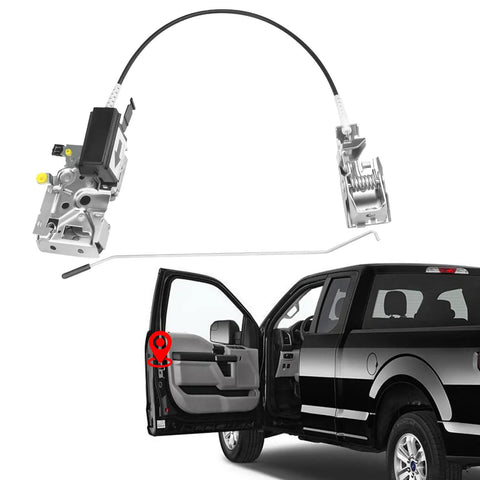 Front Left Door Latch Lock Assembly With Actuator And Cable Rod Kit For 1992 To 1997 Ford Bronco F150 F250 F350 Replacement F4TZ-15219A65-A F4TZ15219A65A shown with vehicle
