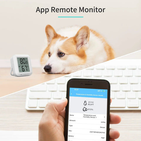 White temperature and humidity sensor with digital LCD display on desk; smartphone app shows readings.