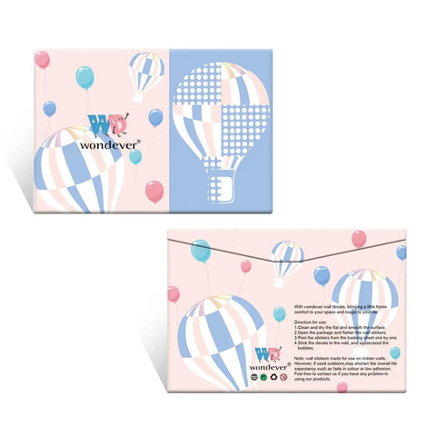 Pink and blue hot air balloons with branding on packaging box, front and back view with balloon design.
