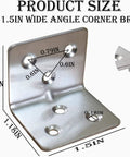 Close-up of Stainless Steel Corner Brace 1.5 inch wide with 3 mounting holes and dimensions displayed on image