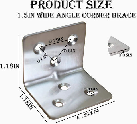 Close-up of Stainless Steel Corner Brace 1.5 inch wide with 3 mounting holes and dimensions displayed on image