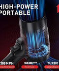 Powerhouse Cordless Jet Blower Upgraded 160000 RPM 200 MPH, turbo design illustration with airflow dynamics