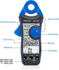 Clamp Meter Digital Multimeter showing rotary switch, LCD display, and labeled input jacks for AC DC voltage and current testing.
