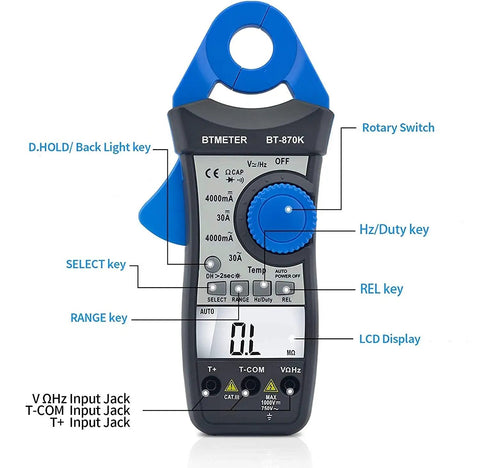 Clamp Meter Digital Multimeter showing rotary switch, LCD display, and labeled input jacks for AC DC voltage and current testing.