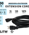 100 Ft Outdoor Extension Cord 12 Gauge 3 Conductor SJTW Heavy Duty Power Cable With 3 Prong Grounded Plug, UL Listed