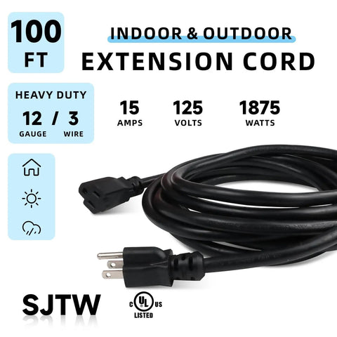 100 Ft Outdoor Extension Cord 12 Gauge 3 Conductor SJTW Heavy Duty Power Cable With 3 Prong Grounded Plug, UL Listed