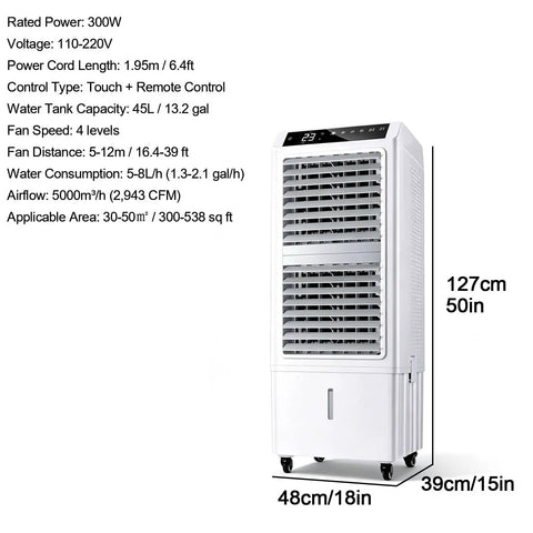 Heavy Duty Evaporative Portable Air Cooler With Beastly 2943 Cfm Airflow And 13.2 Gallon Tank, vertical design with remote control.