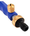 Close-up of blue garden hose spray wand with brass quick-connect fitting and black nozzle