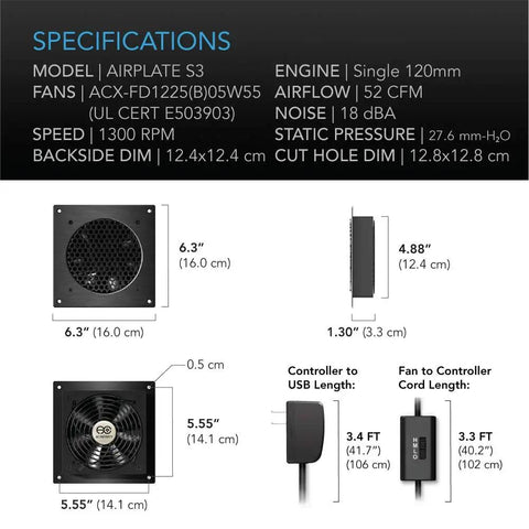 AirPlate S3 Quiet 6-Inch Cooling Fan System With Multi-Speed Controller; product dimensions and specifications shown.