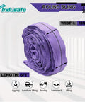 Endless Round Slings 1 Inch Polyester Spanset Lifting Straps, coiled purple rigging gear, 6ft length, indoor setting.