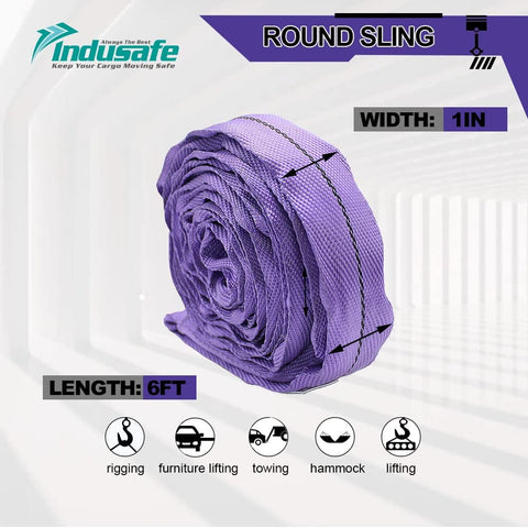 Endless Round Slings 1 Inch Polyester Spanset Lifting Straps, coiled purple rigging gear, 6ft length, indoor setting.