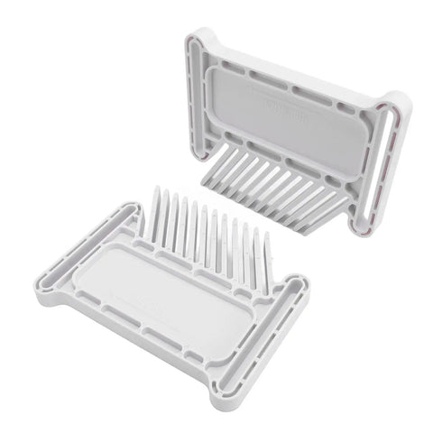 Adjustable Stackable Featherboard For Table Saw Router And Band Saw Featuring Wedged Locking And T Slot Mounting, white plastic design.