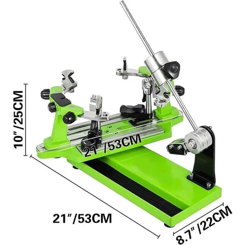 Pro Grade Tennis Stringing Machine With Six Point Mounting System And 360 Degree Rotation for precise tension, green and silver