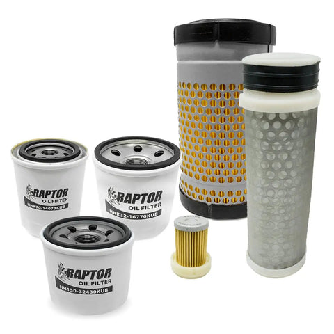All In One Kubota RTV X900 Filter Kit With Engine Oil Filter Inner And Outer Air Filters Fuel Filter Hydraulic Suction Filter And Hydraulic Oil Filter Built To Last OEM Compatible displaying six different filters.