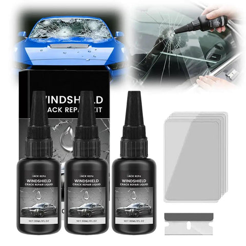 Ultimate Windshield Crack Repair Kit With 30ml Glass Repair Liquid 4 Step DIY Quick Fix Includes Towel Blade And 5 Curing Films Universal Cracks Gone Glass Repair For Cars 2026 Advanced Formula with bottles, curing films, and tools visible.