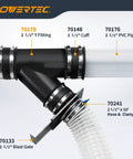 Two And A Half Inch Y Fitting For Dust Collection Hose Connector with attached 2-1/2 in hose and clamps in workshop setting.