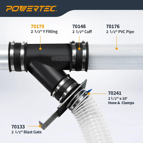 Two And A Half Inch Y Fitting For Dust Collection Hose Splitter And Two And A Half Inch Hose Connector Fittings For Dust Collection System Built For Your Woodshop Heavy Duty 1 Pack 70179, showing connected hoses and clamps.