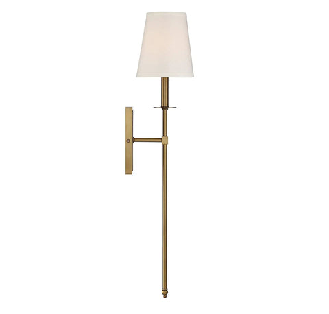 Boho Vintage Soft White Fabric Wall Sconce With One Light, Dimmable 60W, Warm Brass Finish, 34-Inch Tall, E12 Base, Incandescent Or LED Compatible