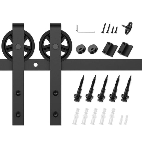 6.6 Foot Heavy Duty Sliding Barn Door Hardware Kit With Industrial Big Wheel J Hangers for Wood Doors components displayed