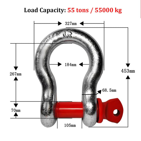 Diagram of Alloy Steel Bow Shackle With Bolt Pin Anchor Type For Rigging And Lifting Up To WLL 55 Tons showing dimensions and load capacity