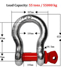Beefy Heavy Duty Alloy Steel Bow Shackle 55 Ton WLL With 220 Ton Break Strength And 485,016 Lbs Max dimensions diagram