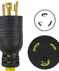 Straight Up Kickass One Point Five Foot Twenty Amp Twist Lock Power Cable Converts Male L5 Connector Into three Nema receptacles showing 5-20P plug.