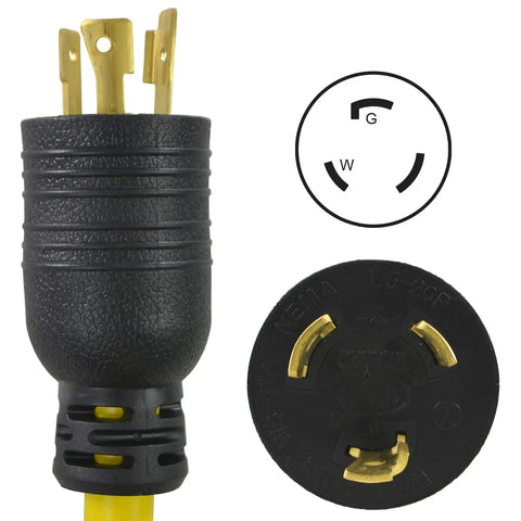 Straight Up Kickass One Point Five Foot Twenty Amp Twist Lock Power Cable Converts Male L5 Connector Into three Nema receptacles showing 5-20P plug.