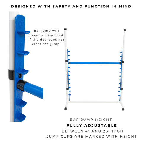 4 Pack Adjustable Dog Agility Bar Jumps With Cup Strips For Backyard Training And Competition Style Jump Cups For Height Class And Safe Displacement Includes Carrying Case And 26 Inch Wide, showing adjustable blue cups.