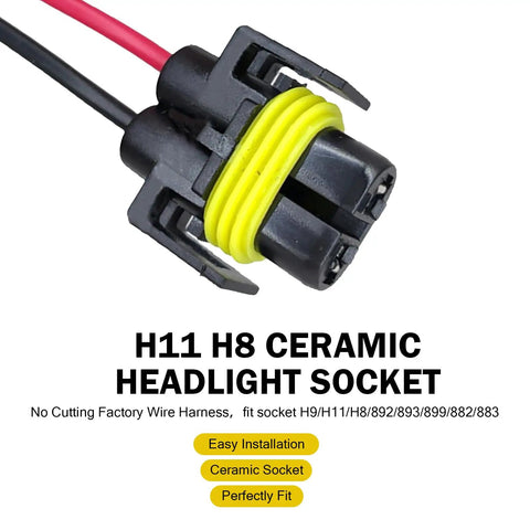 Level Up Your Ride With This Heavy Duty H11 Car Light Wire Socket Connector Set Featuring Tough Extension Wiring Harnesses And Multi Purpose Pigtail Adapters To Nix Flickers And Keep Fog Lights Running Slick For Most Cars In Black - close-up of H11 ceramic socket with yellow sealing.