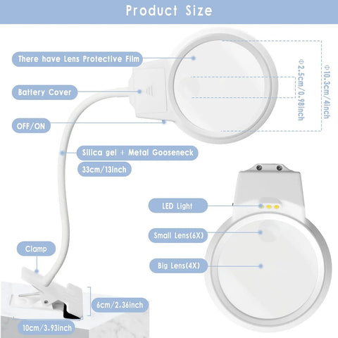 Diagram of LED Magnifying Lamp For Diamond Painting Tools With 4X And 6X Magnifier, Clip Flexible Neck, Bright LED Light.