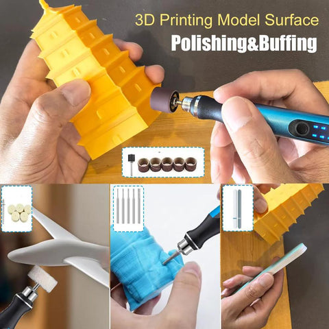 3D printing tools kit with blue USB rotary tool and assorted bits; collage shows polishing, drilling, engraving