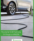 Dual Rate 32A And 40A Level 2 EV Charger For Home Use, 240V NEMA 14-50 with 50 ft cable charging a parked electric car.