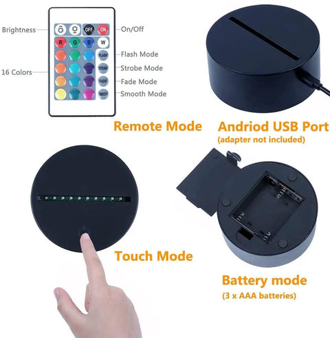 Football Helmet Shape 3D LED Night Light With Optical Illusion remote, touch, USB, battery modes diagram